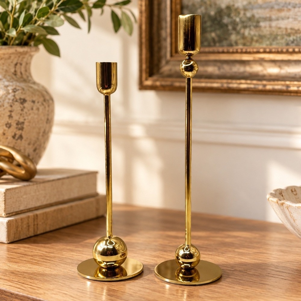 H&M Home Gold Brass Taper Candlestick Holders Sphere Ball Base Set of 2 Modern